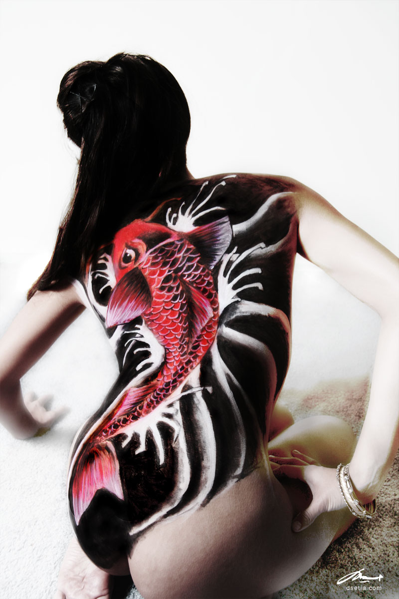A koi fish body painting inspired by a Japanese tattoo