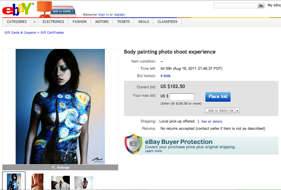 Ebay auction: Body painting photo shoot by DENART NY