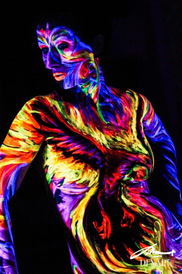 burning uv phoenix body painting at DenArt studio NYC